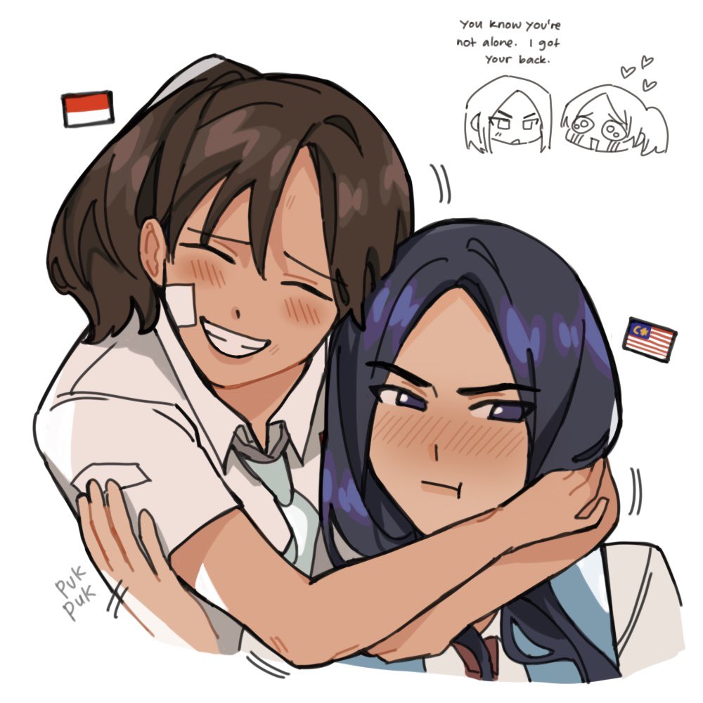 2girls, blue_eyes, blue_hair, blue_necktie, brown_hair, crescent, english_text, heart