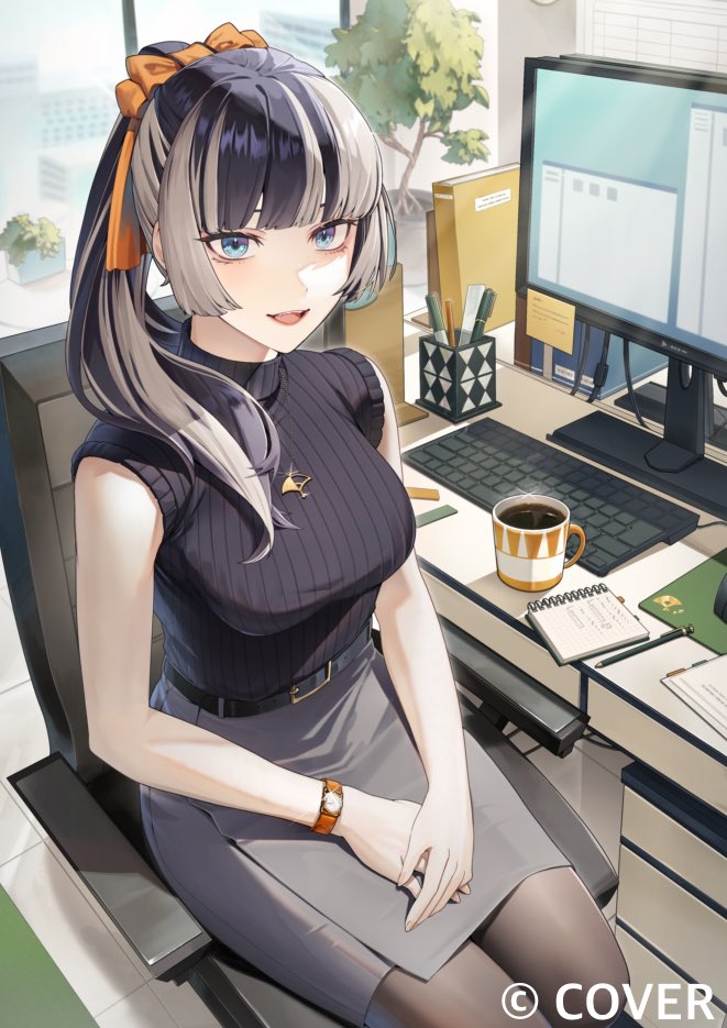 1girl, :d, air_(ai_r_), at_computer, black_hair, black_pantyhose, black_sweater_vest, blue_eyes, blunt_bangs, breasts, chair, coffee, commentary_request, computer_keyboard, copyright_name, day, grey_hair, grey_skirt, hime_cut, hololive, hololive_dev_is, indoors, jewelry, juufuutei_raden, large_breasts, long_hair, looking_at_viewer, miniskirt, monitor, multicolored_hair, necklace, office, office_lady, official_art, on_chair, open_mouth, pantyhose, pencil_skirt, ponytail, ribbed_sweater, sitting, skirt, smile, solo, straight_hair, streaked_hair, sweater, sweater_vest, turtleneck, turtleneck_sweater, two-tone_hair, virtual_youtuber, watch, wristwatch