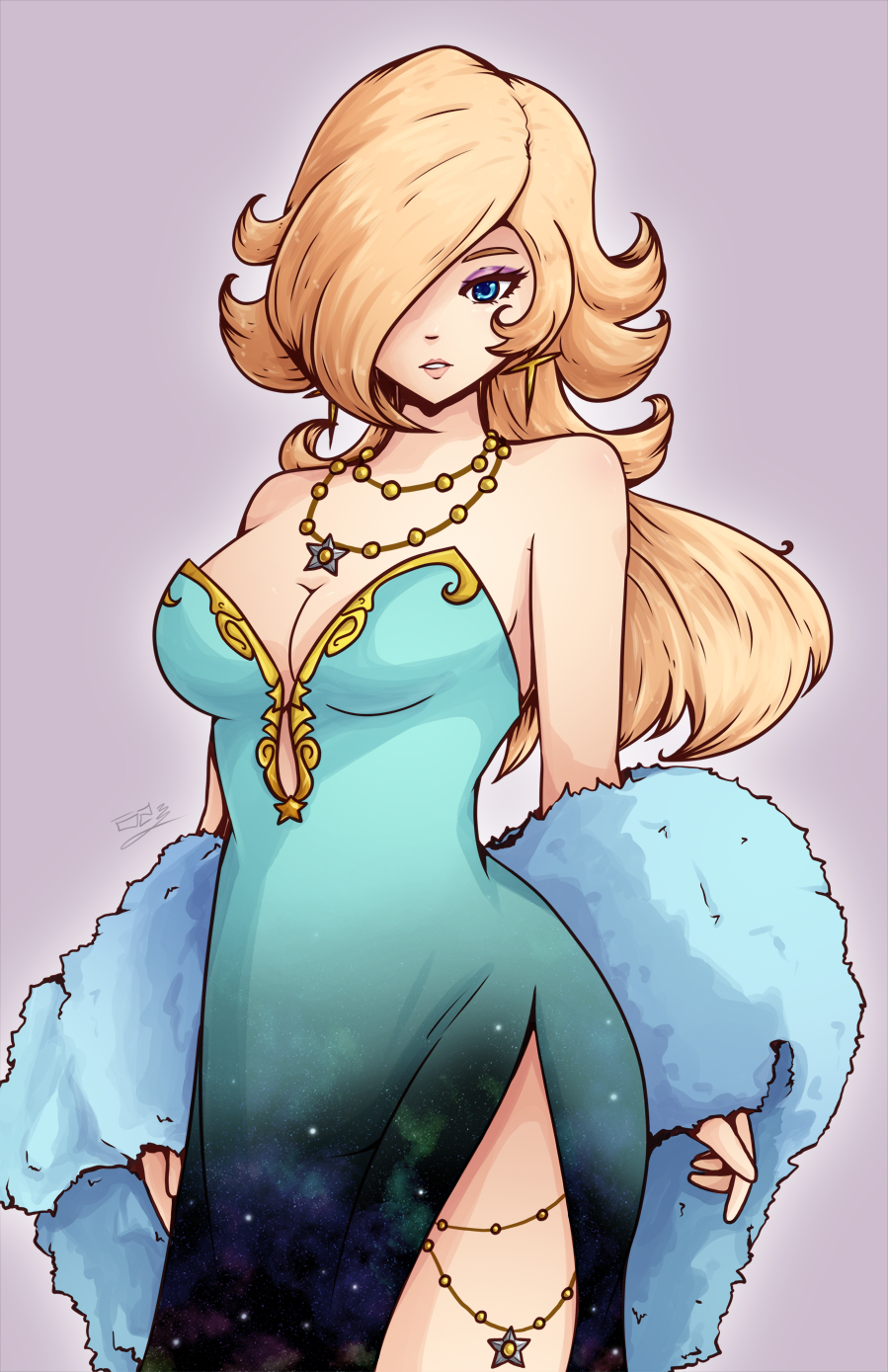 1girl, bare_shoulders, blonde_hair, blue_dress, blue_eyes, breasts, cleavage, dress, earrings, hair_over_one_eye, highres, jewelry, ladymaggie, large_breasts, long_hair, looking_at_viewer, mario_(series), nintendo, rosalina, solo, star_(symbol), star_earrings, super_mario_galaxy