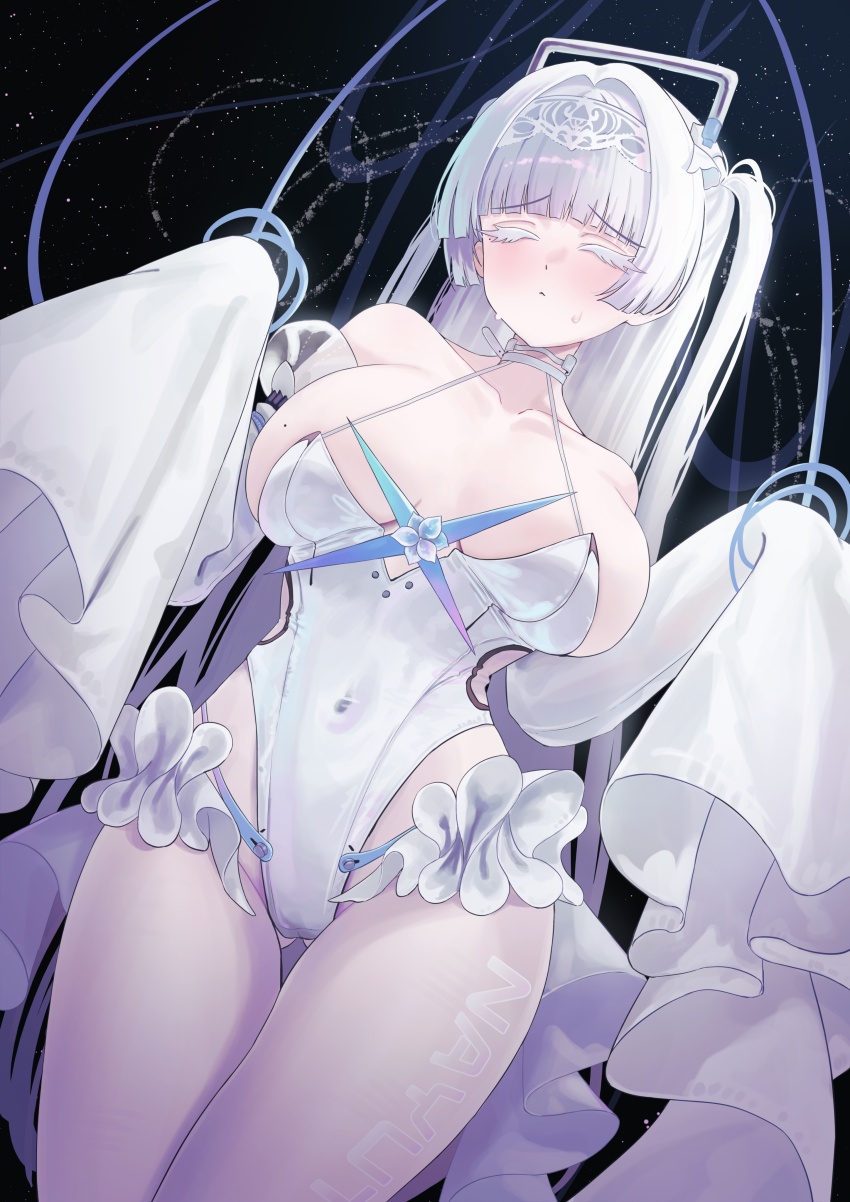 1girl, absurdres, bare_shoulders, blush, breasts, cleavage, closed_eyes, colored_eyelashes, cosplay, covered_navel, detached_sleeves, embarrassed, frills, goddess_of_victory:_nikke, hair_intakes, highres, large_breasts, leotard, liberalio_(nikke), liberalio_(nikke)_(cosplay), long_hair, long_sleeves, mole, mole_on_breast, nayuta_(nikke), pantyhose, skirt, sleeves_past_fingers, sleeves_past_wrists, solo, sxrxri_a, thick_eyelashes, thigh_gap, very_long_hair, white_eyelashes, white_hair, white_leotard, white_pantyhose