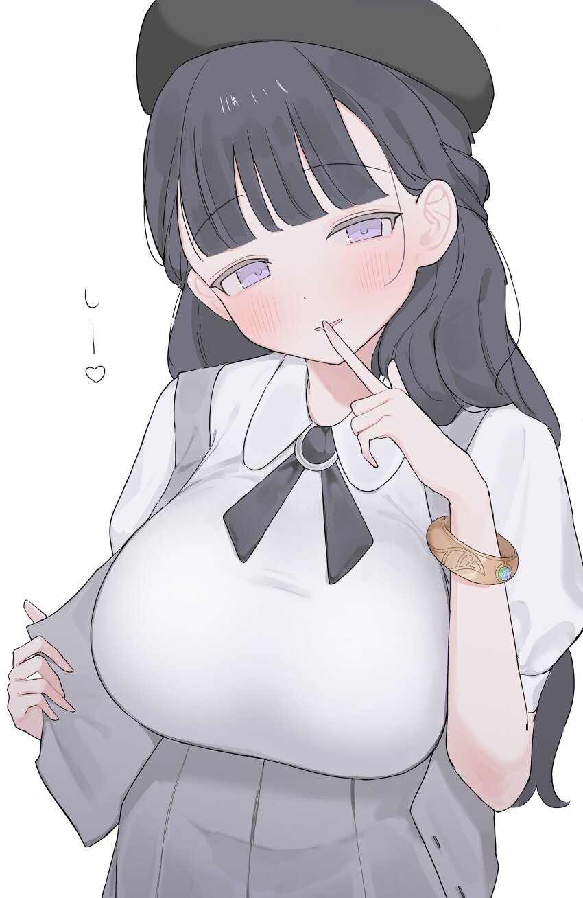 1girl, absurdres, beret, black-haired_trainer_(lululuro), black_cross_tie, black_hat, blunt_bangs, blush