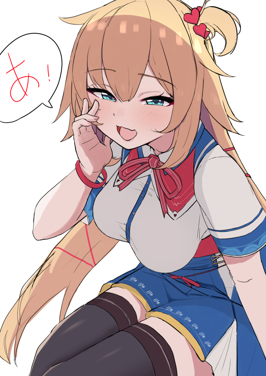 1girl, akai_haato, akai_haato_(1st_costume), black_thighhighs, blonde_hair, blue_sailor_collar, blue_skirt, breasts