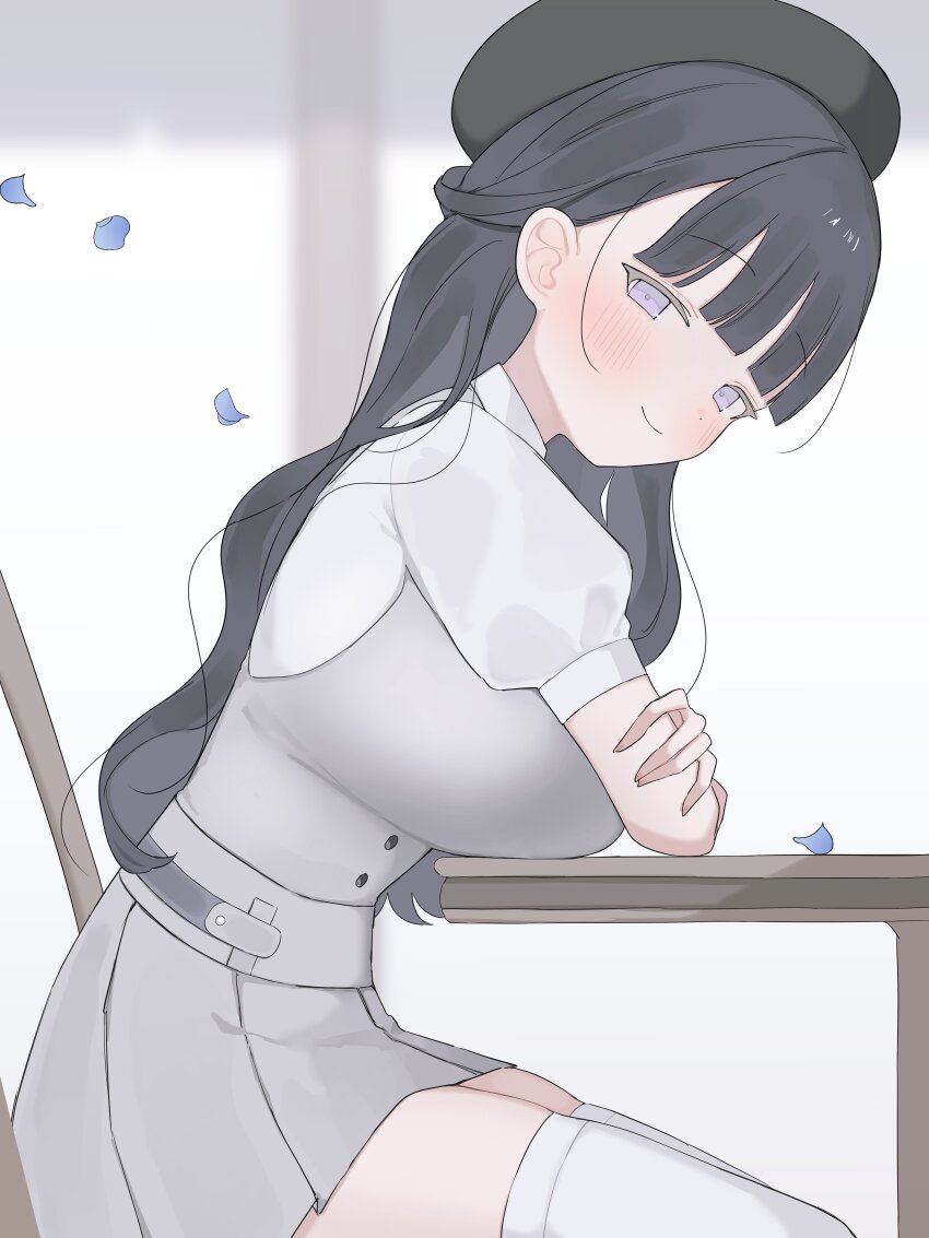 1girl, absurdres, arm_rest, arms_on_table, belt, beret, black-haired_trainer_(lululuro), black_hair, black_hat, blue_petals, blunt_bangs, blush, breast_rest, breasts, breasts_on_table, buttons, chair, closed_mouth, commentary_request, cowboy_shot, dot_nose, dress, falling_petals, from_side, grey_belt, grey_dress, half_updo, hand_on_own_arm, hat, highres, huge_breasts, impossible_clothes, impossible_dress, indoors, leaning_forward, long_hair, looking_at_viewer, lululuro, nintendo, on_chair, petals, pleated_dress, pokemon, pokemon_legends:_z-a, puffy_short_sleeves, puffy_sleeves, purple_eyes, shirt, short_sleeves, sitting, skindentation, sleeveless, sleeveless_dress, smile, solo, thighhighs, very_long_hair, wavy_hair, white_background, white_shirt, white_thighhighs, wispy_bangs, zettai_ryouiki