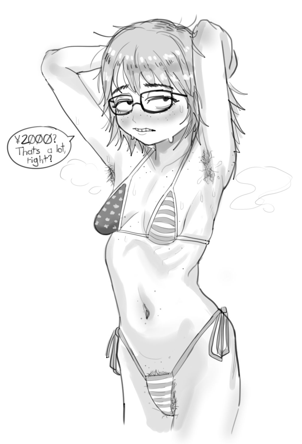 1girl, american_flag, american_flag_bikini, american_flag_print, armpit_hair, armpits, arms_behind_head, bikini, body_freckles, borrowed_character, breasts, codismal, female_pubic_hair, flag_print, flag_print_bikini, freckles, glasses, highres, jimiko, navel, neet_girl_(baalbuddy), original, print_bikini, pubic_hair, pubic_hair_peek, sagging_breasts, shorts, simple_background, skinny, small_breasts, swimsuit, teeth, thick_eyebrows, white_background