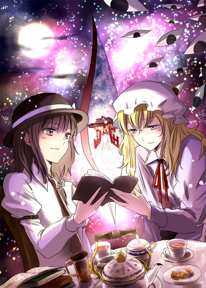 2girls, blonde_hair, book, brown_eyes, brown_hair, cup, female_focus, gap_(touhou)