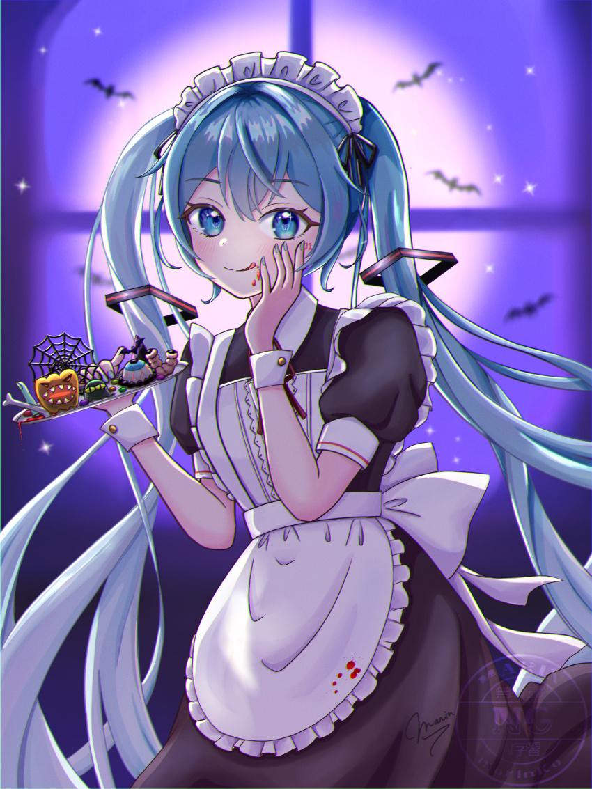 1girl, absurdres, alternate_costume, apron, aqua_eyes, aqua_hair, aqua_nails, closed_mouth
