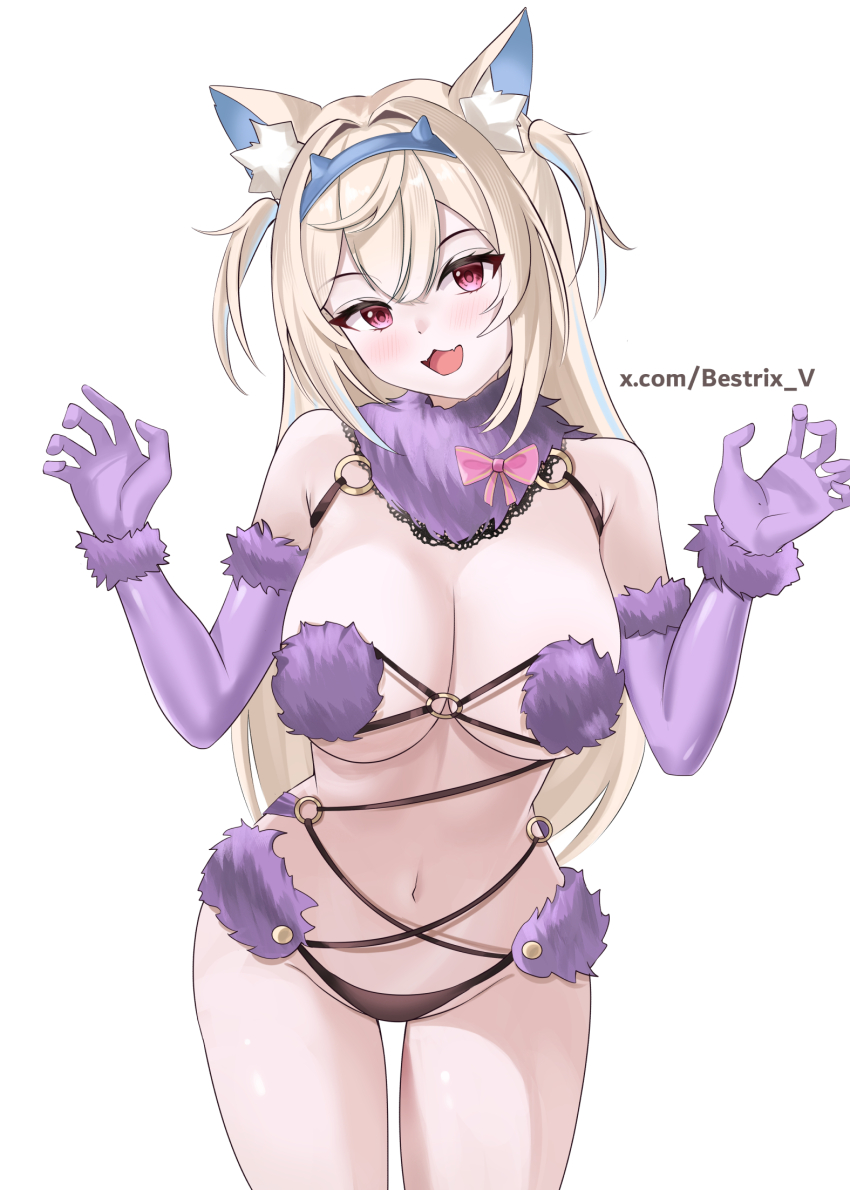 1girl, :3, :d, bestrix, blonde_hair, blue_hair, blue_hairband, breasts