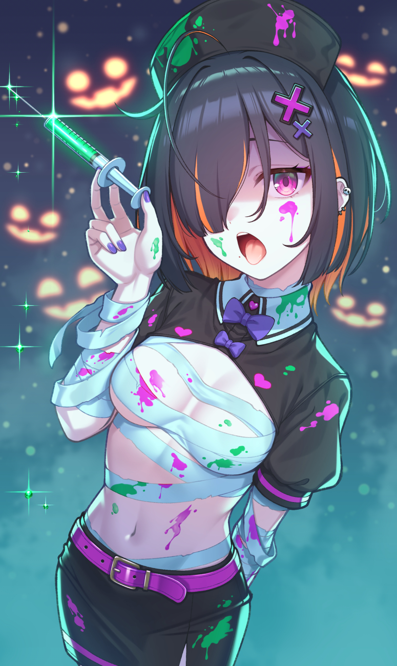 1girl, arm_behind_back, bandaged_arm, bandaged_chest, bandaged_torso, bandages, belt, black_hair, black_skirt, blush, breasts, colored_inner_hair, ear_piercing, hair_ornament, hair_over_eyes, halloween, hat, highres, holding, holding_syringe, kouzuki_tsubasa_(musou_kaidou), long_bangs, looking_at_viewer, medium_breasts, mixed-language_commentary, ms._nurse, multicolored_hair, navel, nurse, nurse_cap, open_mouth, orange_hair, original, piercing, pink_belt, pink_eyes, purple_nails, short_sleeves, shrug_(clothing), skirt, solo, syringe, tongue, tongue_out, x_hair_ornament