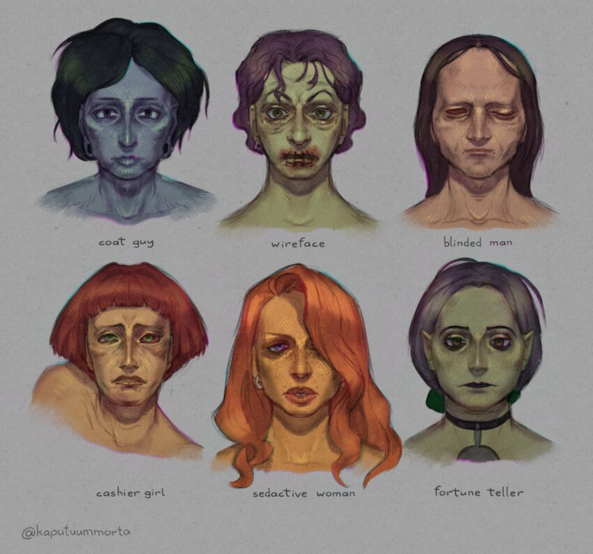 3boys, 3girls, absurdres, adam's_apple, androgynous, bags_under_eyes, blinded_man_(no_i'm_not_a_human), blood, blood_on_face, bloodshot_eyes, blue_skin, blunt_bangs, bob_cut, cashier_girl_(no_i'm_not_a_human), choker, closed_mouth, coat_guy_(no_i'm_not_a_human), colored_skin, earrings, eye_socket, fortune_teller_(no_i'm_not_a_human), frown, frown_lines, green_skin, guro, hair_over_one_eye, highres, injury, jewelry, jowls, kaputuummorta, lips, long_hair, looking_at_viewer, mature_female, mature_male, messy_hair, multiple_boys, multiple_girls, no_i'm_not_a_human, nose, one_eye_closed, orange_hair, plug_(piercing), seductive_woman_(no_i'm_not_a_human), short_hair, single_earring, smile_lines, stitched_mouth, stitches, straight_hair, tareme, wavy_hair, wireface_(no_i'm_not_a_human), wrinkled_skin