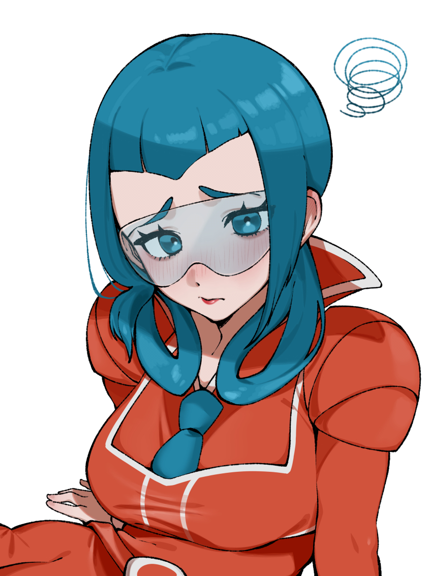 1girl, absurdres, arm_support, blue_eyes, blue_hair, blue_necktie, breasts, closed_mouth, commentary_request, embarrassed, eyelashes, glasses, hair_rings, highres, long_hair, mable_(pokemon), necktie, nintendo, omochi_(pixiv_73433243), orange_shirt, pokemon, pokemon_legends:_z-a, pokemon_x_and_y, raised_inner_eyebrows, shirt, sitting, solo, squiggle, team_flare, team_flare_uniform, white_background