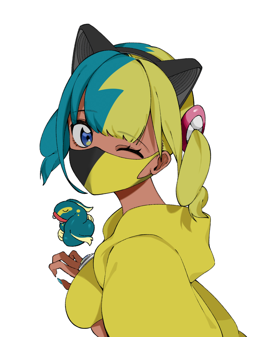 1girl, absurdres, animal_ears, bandeau, blue_eyes, breasts, canari_(pokemon), commentary_request