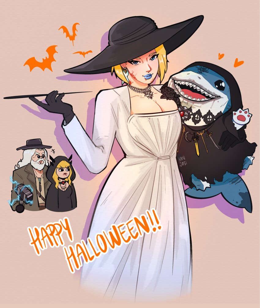 2boys, 2girls, alcina_dimitrescu, alcina_dimitrescu_(cosplay), blonde_hair, blue_eyes, blue_lips, blush