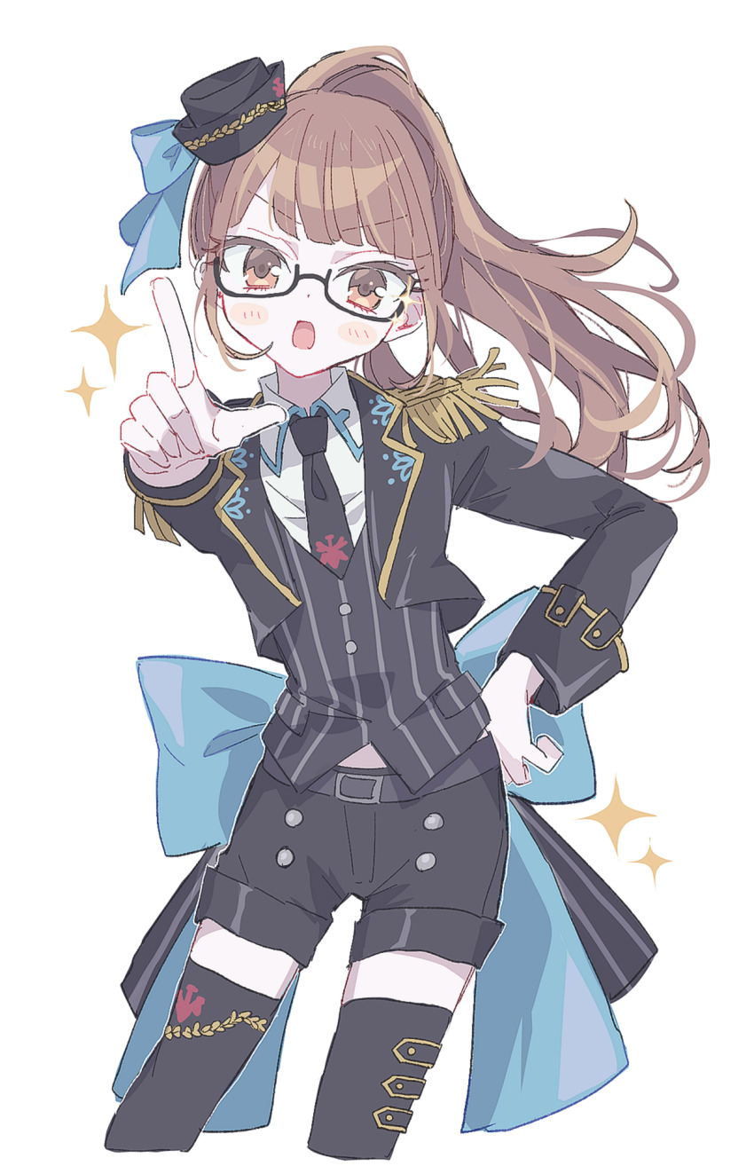 1girl, belt, black-framed_eyewear, black_belt, black_hat, black_jacket, black_necktie, black_shorts