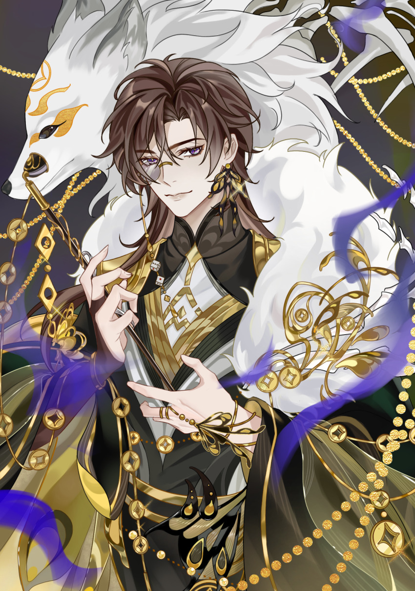 1boy, beads, belt, black_background, black_bridal_gauntlets, black_cape, black_hanfu, bracelet