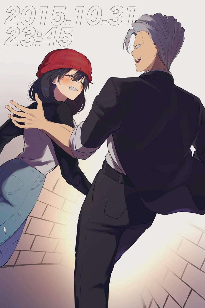 af_suki113, andy_(undead_unluck), beanie, black_hair, black_pants, black_shirt, black_sleeves, blue_pants