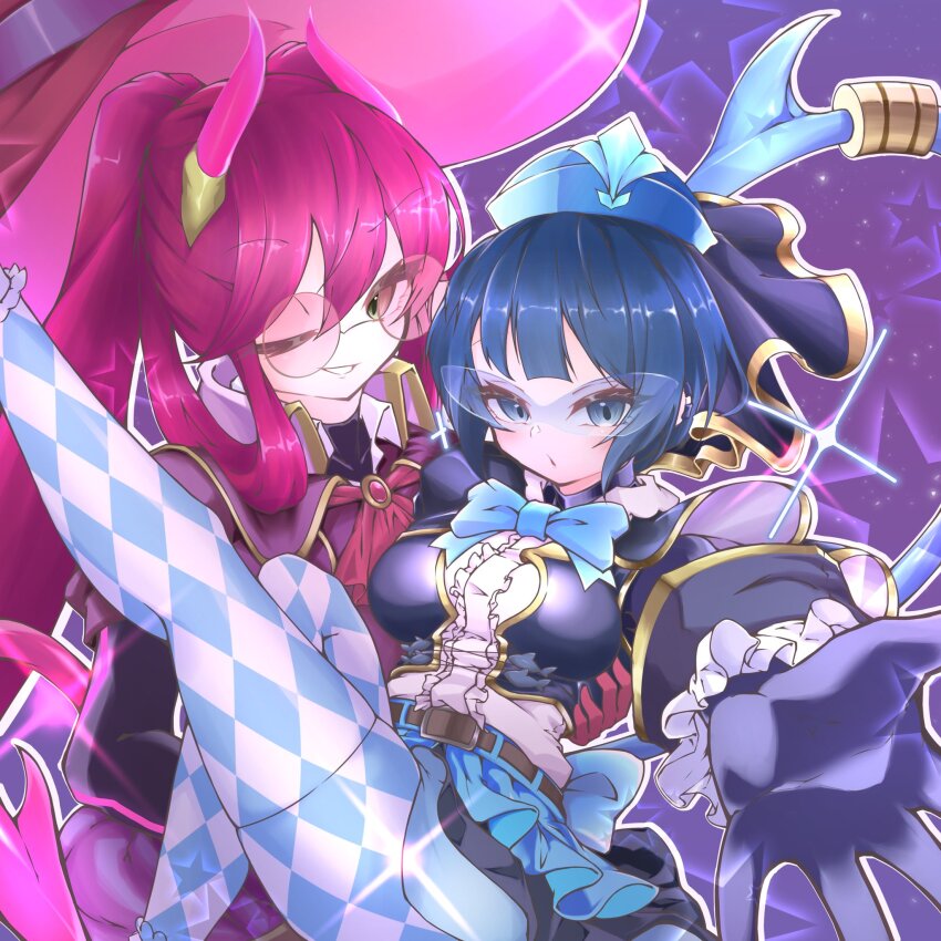 2girls, blue_eyes, blue_hair, breasts, carrying, duel_monster, eriya_(erizatta0045), evil_twin_ki-sikil