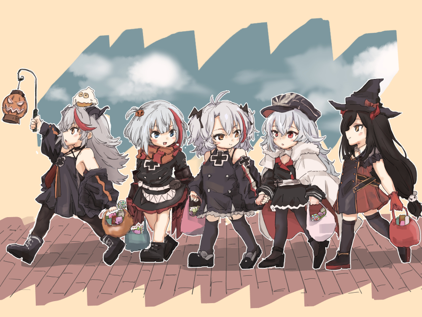 >_<, 5girls, absurdres, animal, animal_on_head, azur_lane, babydoll, bare_shoulders, black_babydoll, black_boots, black_bow, black_dress, black_hat, black_pantyhose, black_shoes, black_thighhighs, blue_eyes, boots, bow, cape, commentary_request, dress, food-themed_hair_ornament, fur-trimmed_cape, fur_trim, ghost_costume, gloves, grey_hair, gueeer315, hair_bow, hair_ornament, halloween, halloween_costume, hat, highres, holding_hands, little_aegir_(azur_lane), little_friedrich_(azur_lane), little_prinz_eugen_(azur_lane), little_spee_(azur_lane), long_hair, manjuu_(azur_lane), multiple_girls, on_head, pantyhose, peaked_cap, pumpkin, pumpkin_hair_ornament, red_eyes, red_gloves, red_streaks, scarf, shoes, thighhighs, trick-or-treating, very_long_hair, walking, witch, yellow_eyes, zeppy_(azur_lane)