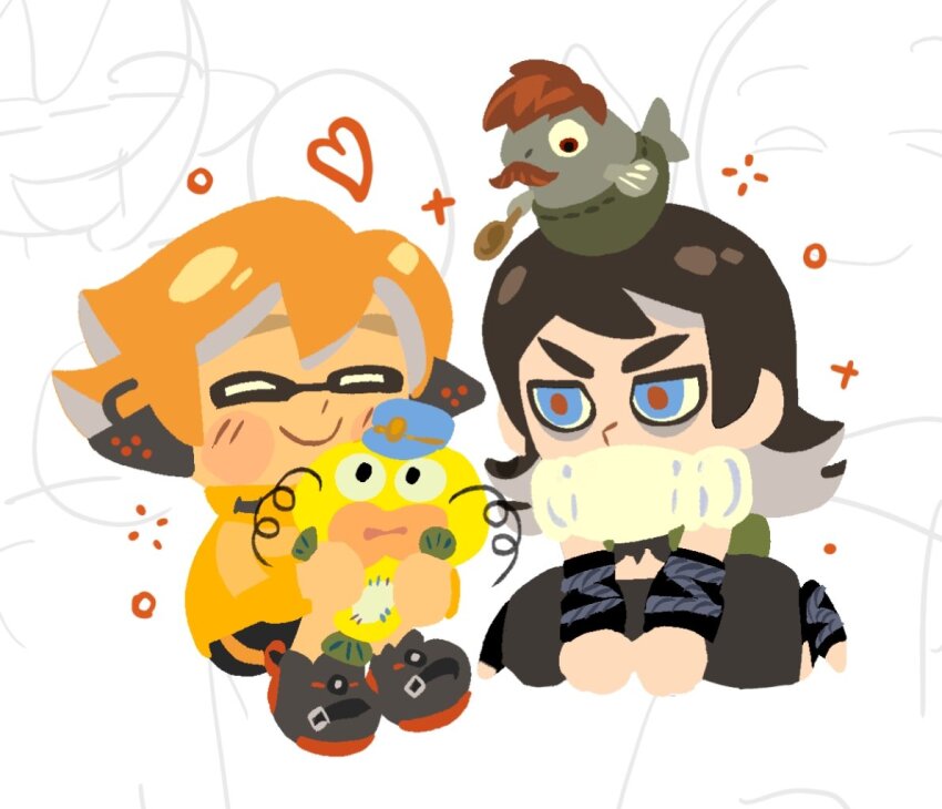 1boy, 1girl, abaddon_(haunted_hotel), alternate_species, blue_eyes, brown_hair, character_request, chibi