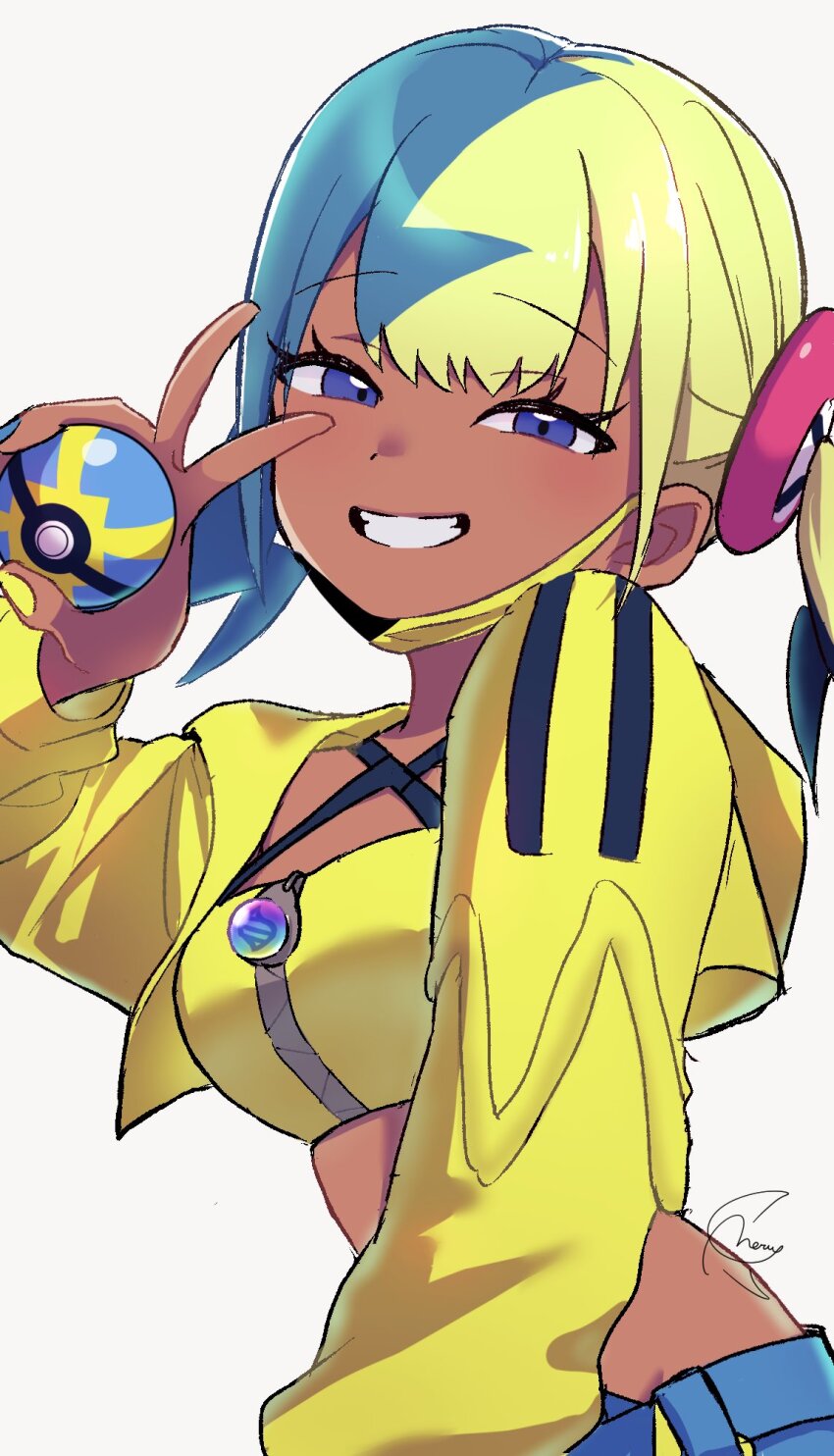 1girl, bandeau, blue_eyes, blue_pants, canari_(pokemon), cropped_jacket, eyelashes, grin