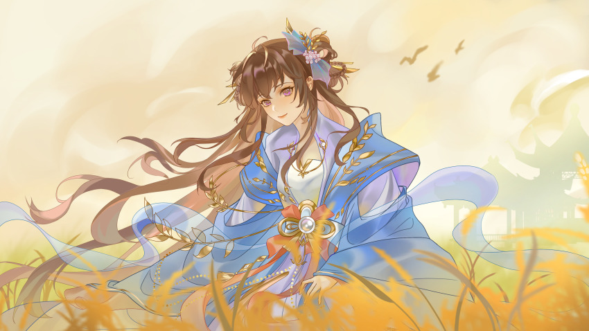 1girl, absurdres, ahoge, architecture, bai_ruier, bird, blue_bow, blue_shawl, bow, braid, braided_hair_rings, brown_hair, building, chinese_clothes, chinese_commentary, closed_mouth, cloud, cowboy_shot, double_bun, duijin_ruqun, east_asian_architecture, flower, gongzi_xiyu, hair_between_eyes, hair_bow, hair_bun, hair_flower, hair_ornament, hair_rings, hair_stick, hanfu, highres, hua_yi_shanxin_zhiyue, leaf_ornament, long_hair, long_sleeves, looking_at_viewer, orange_bow, orange_lips, outdoors, purple_eyes, purple_flower, purple_hanfu, see-through_clothes, see-through_shawl, shawl, smile, solo, sweater_guard, two-tone_robe, very_long_hair, waist_bow, wheat, wheat_field, white_hanfu, wide_sleeves
