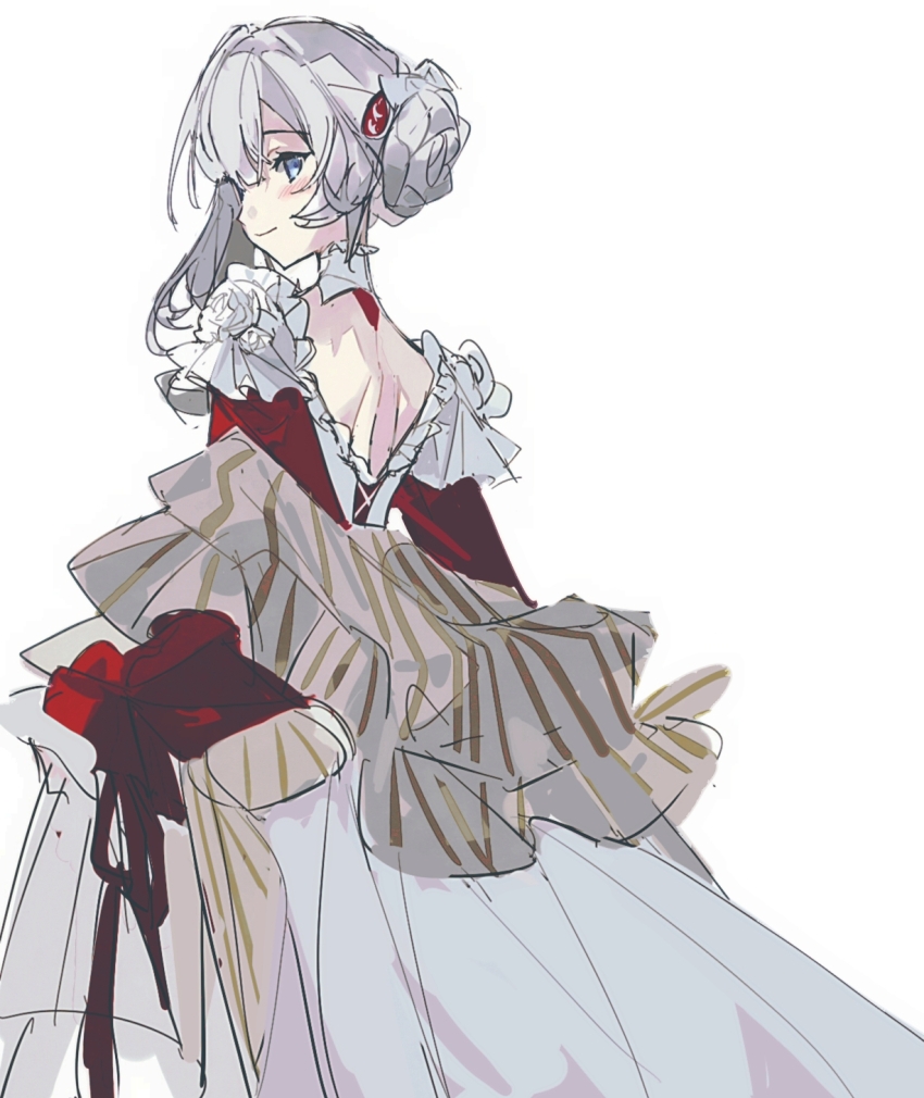 1girl, asymmetrical_sidelocks, backless_dress, backless_outfit, blue_eyes, braid, braided_bun, center-flap_bangs