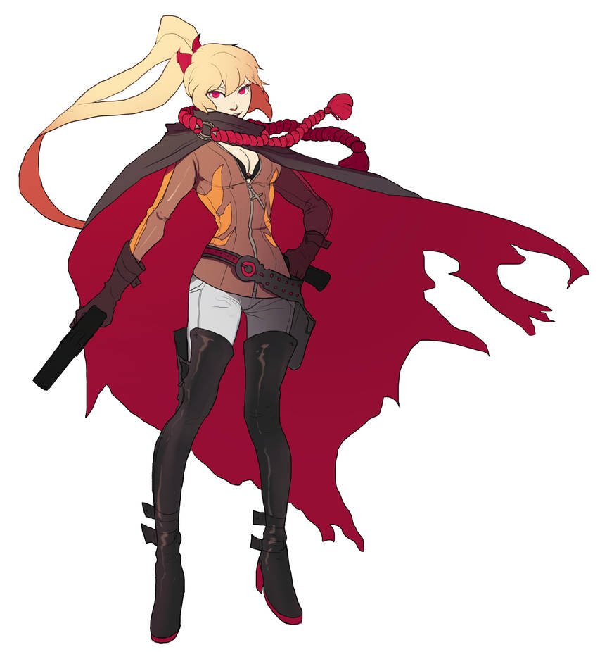 1girl, black_cloak, blonde_hair, boots, brown_gloves, cloak, double-parted_bangs, dual_wielding