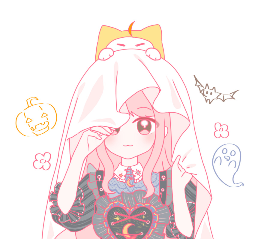 1girl, :3, =_=, ahoge, animal, animal_on_head, bat_(animal), black_shirt