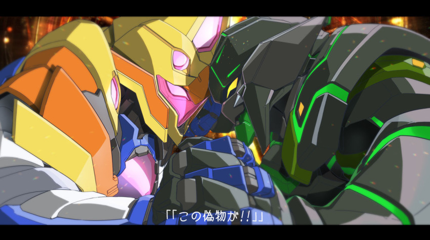 armor, clash, commentary_request, duel, embers, eye_contact, glowing, glowing_eyes