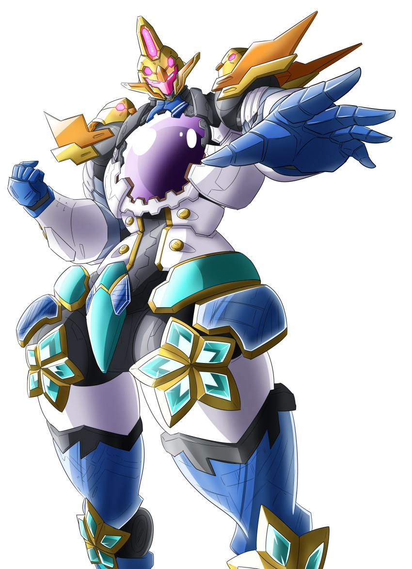 absurdres, commentary_request, cowboy_shot, glowing, glowing_eyes, hand_up, helesta_armor, highres