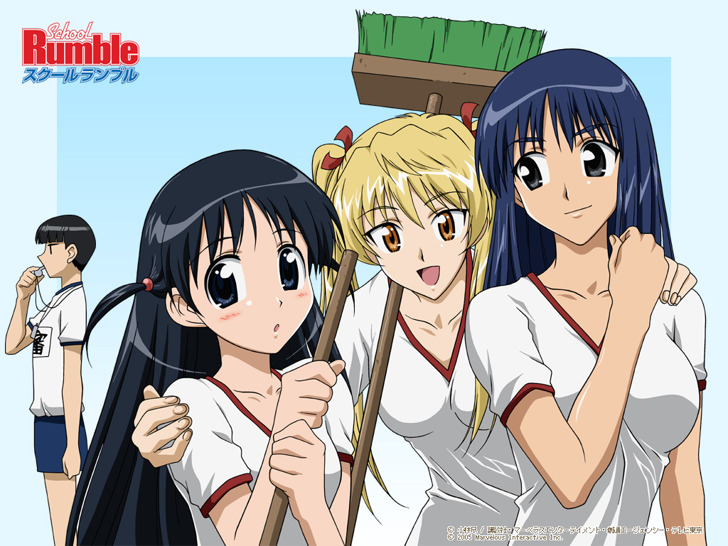 00s, 1boy, 3girls, blonde_hair, gym_uniform, karasuma_ooji, multiple_girls, profile, sawachika_eri, school_rumble, short_twintails, suou_mikoto_(school_rumble), tsukamoto_tenma, twintails, whistle