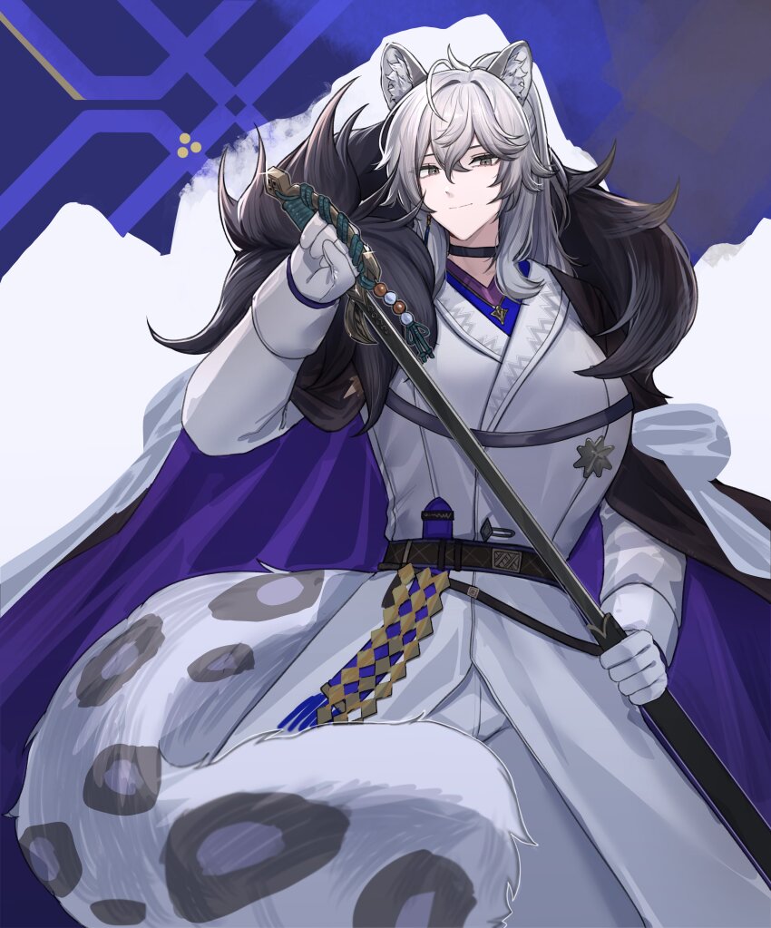 1boy, 1girl, absurdres, ahoge, animal_ear_fluff, animal_ears, ant_k, arknights, belt, black_cape, blue_shirt, breasts, cape, choker, closed_mouth, coat, commentary, drawing_sword, fur-trimmed_cape, fur_trim, genderswap, genderswap_(mtf), gloves, grey_eyes, grey_gloves, grey_hair, grey_pants, grey_tail, highres, holding, holding_sheath, holding_sword, holding_weapon, jewelry, lapels, large_breasts, leopard_girl, long_hair, long_sleeves, pants, pendant, ponytail, purple_cape, sheath, shirt, sidelocks, silverash_(arknights), silverash_the_reignfrost_(arknights), sleeve_cuffs, smile, snow_leopard_ears, snow_leopard_girl, snow_leopard_tail, solo, spotted_fur, spotted_tail, sword, untranslatable_commentary, tail, two-sided_cape, two-sided_fabric, unsheathing, weapon, white_coat