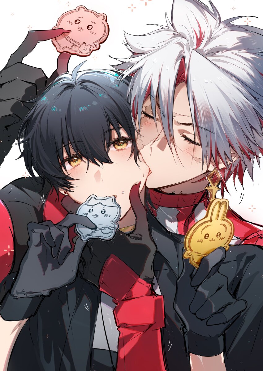 2boys, absurdres, biting, biting_cheek, black_gloves, black_hair, black_jacket, chiikawa