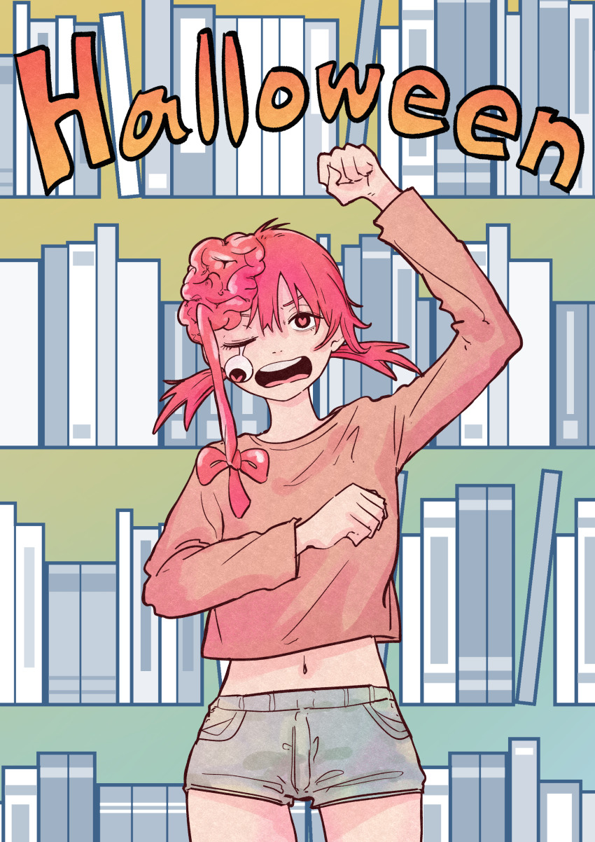 1girl, :o, absurdres, book, bookshelf, brain, brown_shirt, chainsaw_man