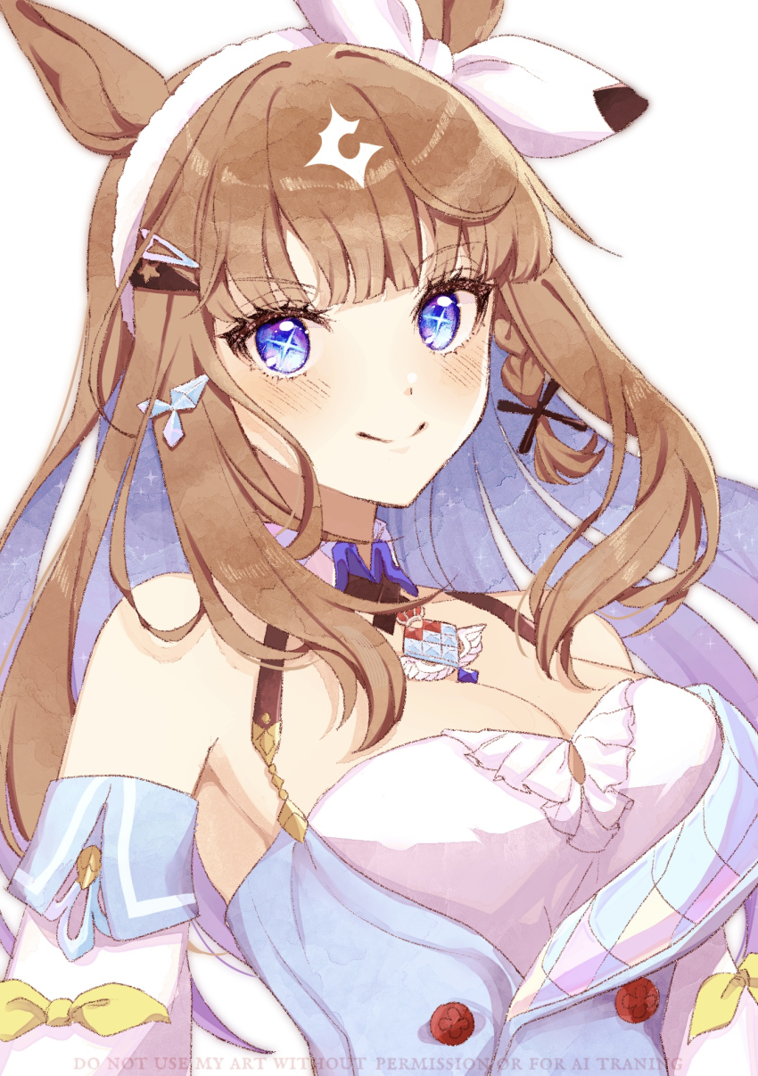 1girl, almond_eye_(the_changer)_(umamusume), almond_eye_(umamusume), animal_ears, blue_eyes, bow_hairband, breasts, brown_hair