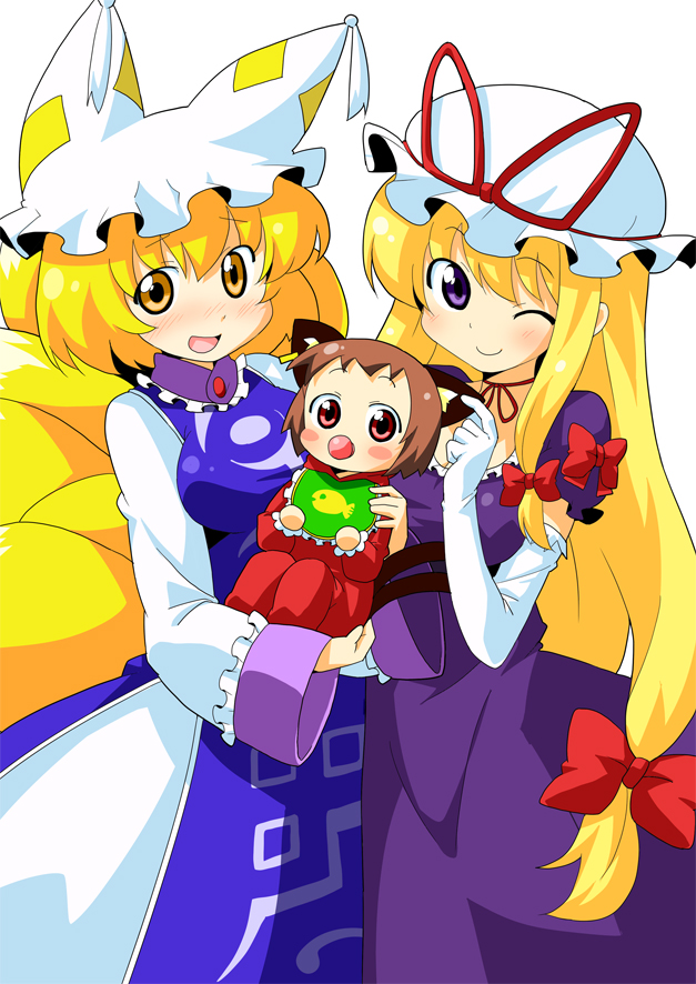 3girls, aged_down, azuharu, azumi_haruhito, baby, bad_id, bad_pixiv_id, bib, blush, blush_stickers, bow, brown_eyes, chen, female_focus, fox_tail, hair_bow, hat, hat_with_ears, long_hair, missing_headwear, multiple_girls, multiple_tails, pacifier, purple_eyes, red_eyes, short_hair, smile, tail, touhou, yakumo_family_(touhou), yakumo_ran, yakumo_yukari, yellow_eyes