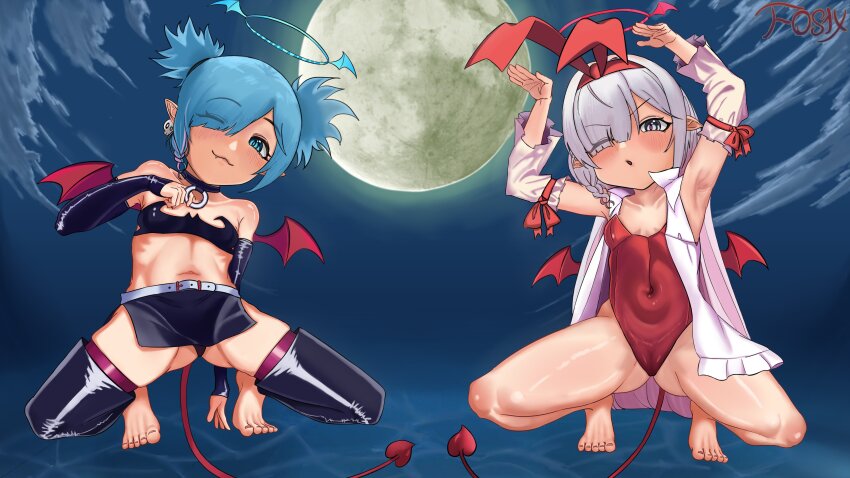 2girls, :3, absurdres, alternate_costume, alternate_hairstyle, animal_ear_hairband, animal_ears, arm_support, armpits, arms_up, arona_(blue_archive), artist_name, bare_legs, bare_shoulders, barefoot, belt, black_bra, black_choker, black_panties, black_skirt, black_thighhighs, blue_archive, blue_eyes, blue_hair, blue_halo, blush, bra, braid, breasts, cameltoe, choker, closed_mouth, cloud, collarbone, cosplay, covered_navel, demon_tail, demon_wings, detached_sleeves, earrings, elbow_gloves, etna_(disgaea), etna_(disgaea)_(cosplay), fake_animal_ears, fangs, feet, fingerless_gloves, fos1x, frilled_sleeves, frills, gloves, gluteal_fold, grey_eyes, hair_between_eyes, hair_over_one_eye, hairband, halloween_costume, halo, hand_up, highleg, highleg_leotard, highres, jewelry, latex, latex_gloves, latex_thighhighs, leotard, loli, long_hair, long_sleeves, moon, moonlight, multiple_girls, navel, night, one_eye_closed, open_clothes, open_mouth, open_shirt, panties, plana_(blue_archive), playboy_bunny, pointy_ears, red_hairband, red_halo, red_leotard, red_tail, red_wings, shirt, short_hair, sidelocks, single_braid, skirt, skull_earrings, sky, sleeveless, sleeveless_shirt, small_breasts, smile, spread_legs, squatting, strapless, strapless_leotard, tail, thighhighs, thighs, toes, two_side_up, underwear, vampire, very_long_hair, white_belt, white_hair, white_shirt, white_sleeves, wings, wink