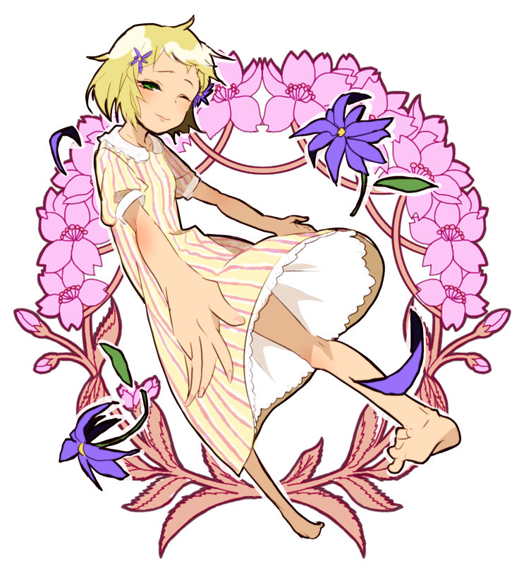 10s, 1girl, az_(704az), azu_(azu401), bad_id, bad_pixiv_id, barefoot, blonde_hair, cherry_blossoms, dress, female_focus, flower, green_eyes, huang_pao-lin, short_hair, solo, spoilers, tiger_&amp;_bunny