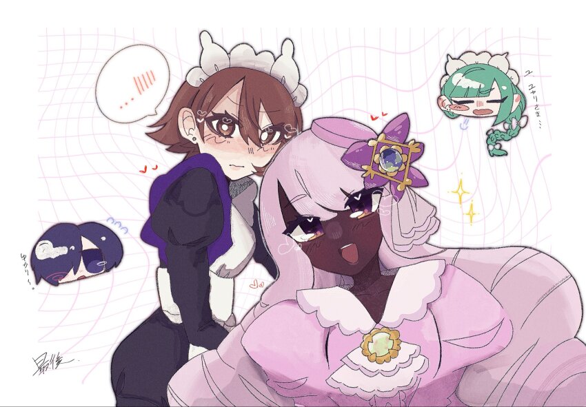 ..., 1boy, 3girls, alternate_costume, ascot, black_romper, blue_eyes, blue_hair