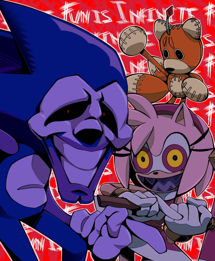 amy_rose, deya_(tiolimond), dress, fangs, gloves, grin, hedgehog_boy, hedgehog_girl, highres, majin_sonic, medium_hair, outline, petite, red_background, sega, smile, sonic_(series), sonic_cd, sonic_r, sonic_the_hedgehog, sonic_the_hedgehog_(classic), sonic_x, spiked_hair, stuffed_animal, stuffed_toy, tails_doll, text_background, tms_entertainment, white_outline