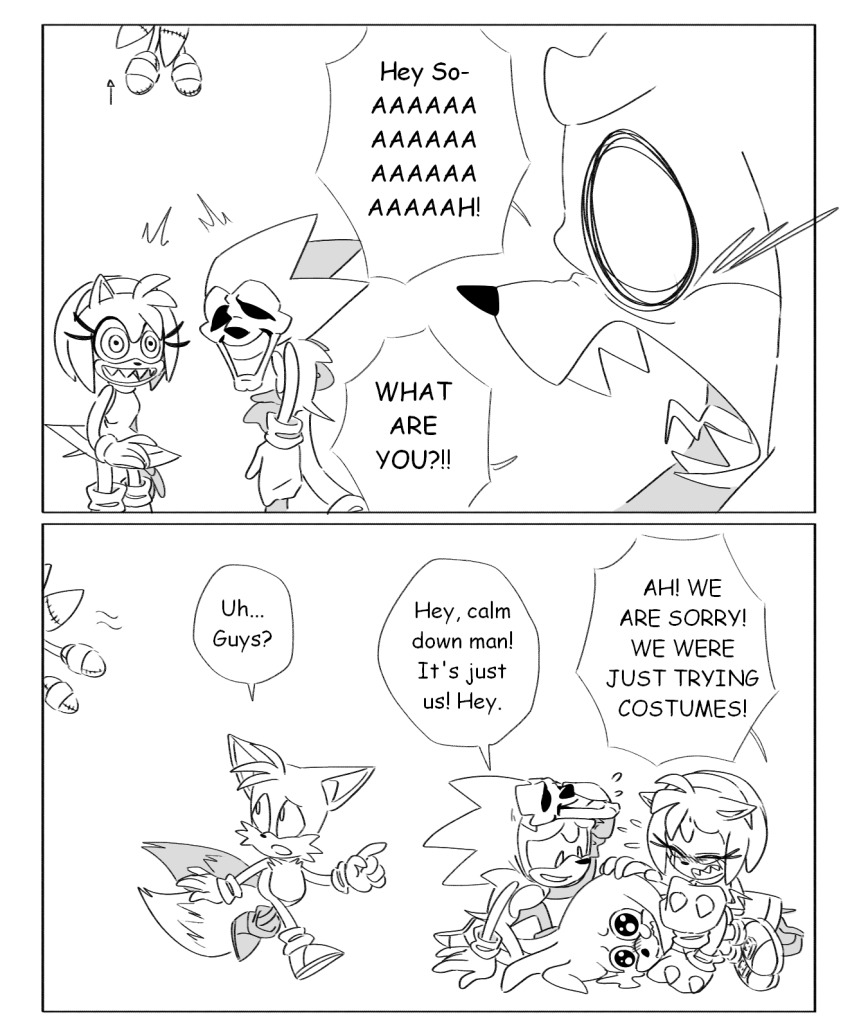 amy_rose, apologizing, child, dress, fangs, gloves, grin, halloween, halloween_costume, highres, knuckles_the_echidna, lying, majin_sonic, mask, medium_hair, scared, sega, smile, sonic_(series), sonic_cd, sonic_r, sonic_the_hedgehog, sonic_the_hedgehog_(classic), sonic_x, spiked_hair, stuffed_animal, stuffed_toy, tails_(sonic), tails_doll, tears, tiolimond, tms_entertainment