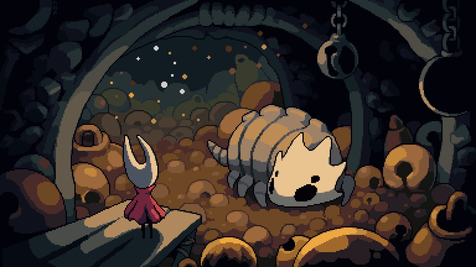 1girl, arthropod_girl, bell, bell_beast_(hollow_knight), black_skin, cave_interior, cloak, colored_skin, commentary, english_commentary, from_behind, full_body, hollow_eyes, hollow_knight, hollow_knight:_silksong, horned_mask, hornet_(hollow_knight), looking_at_another, mask, no_humans, no_mouth, nop_(nop_pixels), pixel_art, red_cloak, too_many_bells, weapon, white_mask