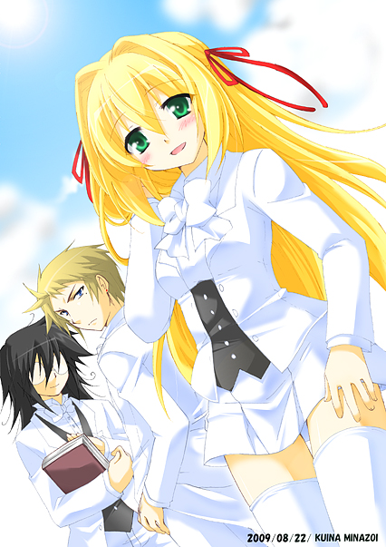 00s, 1girl, 2boys, :d, ada_vessalius, black_hair, blonde_hair, blue_eyes