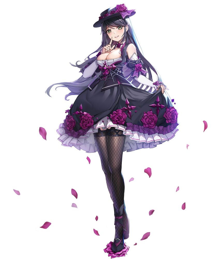 1girl, black_corset, black_dress, black_hair, black_hat, black_shoes, black_sleeves, breasts