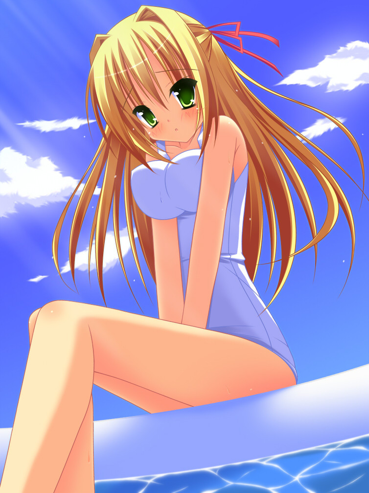00s, 1girl, ada_vessalius, blonde_hair, blush, breasts, female_focus, green_eyes, hair_ornament, hair_ribbon, large_breasts, long_hair, mizutsuki, one-piece_swimsuit, outdoors, pandora_hearts, ribbon, sky, solo, swimsuit