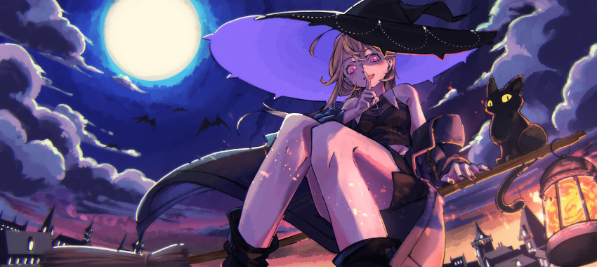 1girl, absurdres, animal, bat_(animal), black_cat, black_hat, black_jacket, black_nails