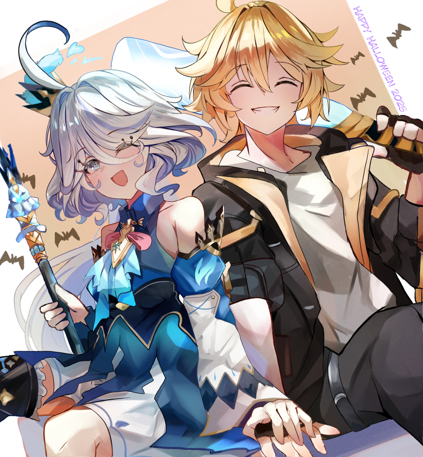 1boy, 1girl, absurdres, aether_(genshin_impact), ahoge, alternate_costume, bare_shoulders, bimmy