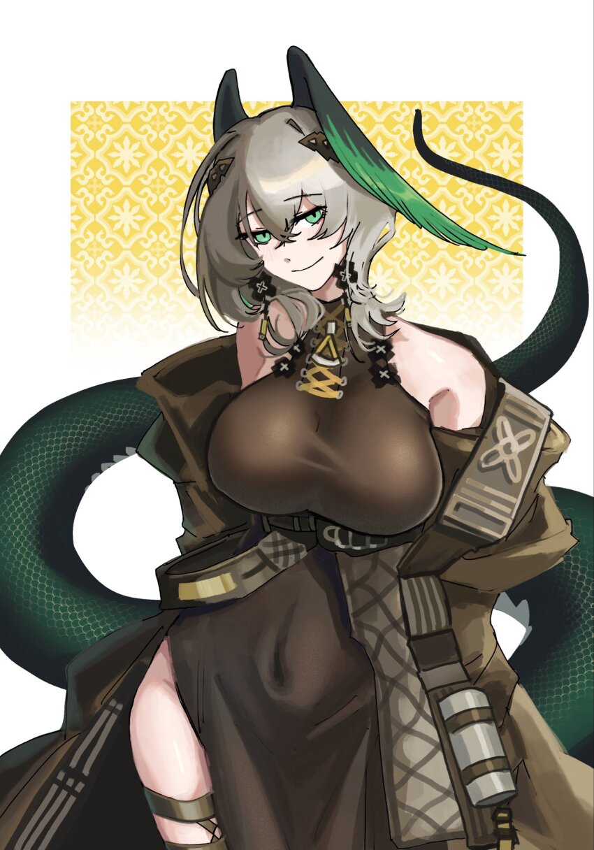 1girl, arknights, black_dress, breasts, dress, feathered_wings, grey_hair, head_wings