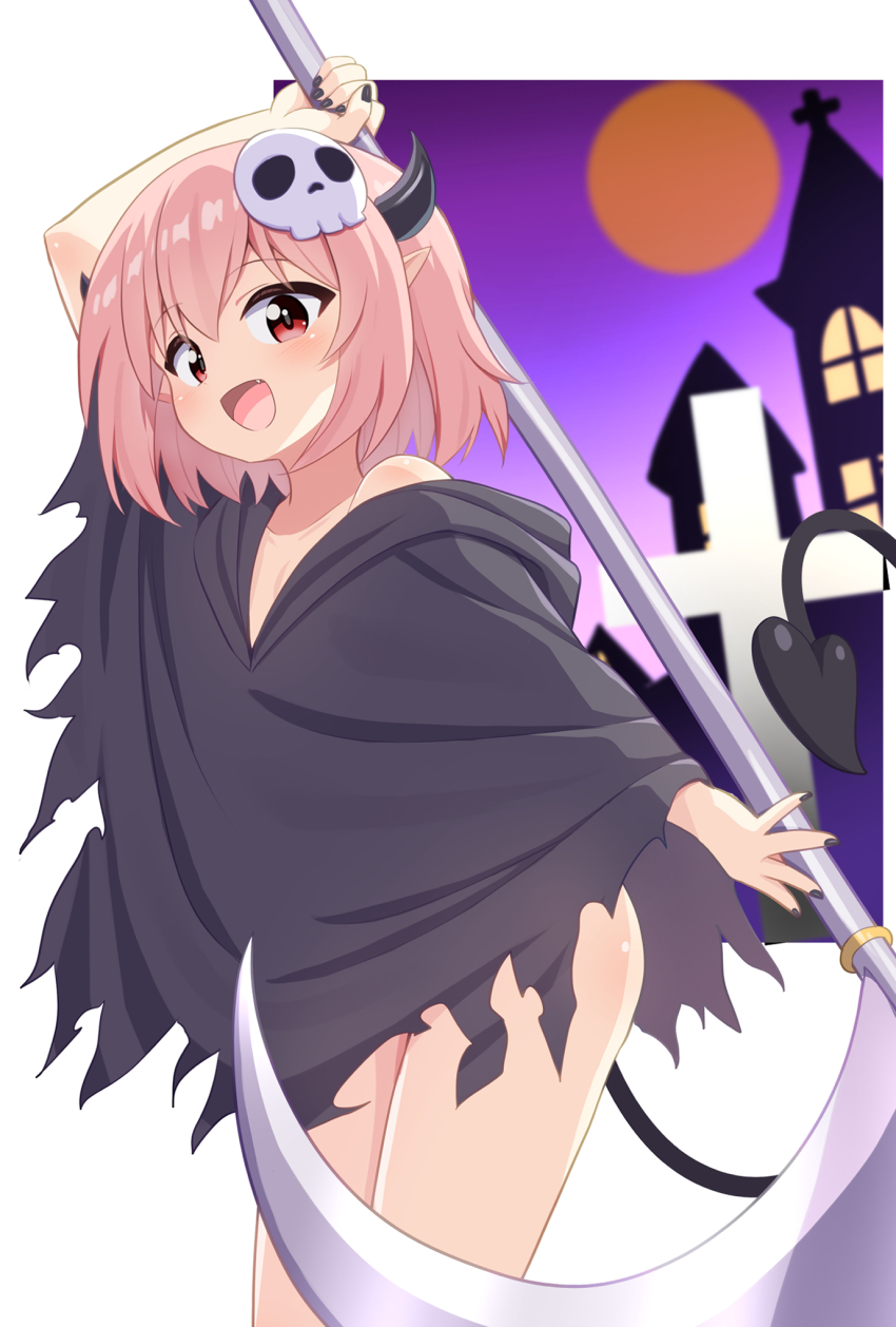 1girl, ;d, black_poncho, church, cosplay, death_(entity), demon_girl, demon_horns, demon_tail, fang, full_moon, grim_reaper, grim_reaper_(cosplay), hair_ornament, halloween, highres, holding, holding_scythe, horns, mogura2009, moon, night, one_eye_closed, open_mouth, original, pink_hair, pointy_ears, poncho, red_moon, scythe, short_hair, skull_hair_ornament, smile, succubus-san_(mogura2009), tail