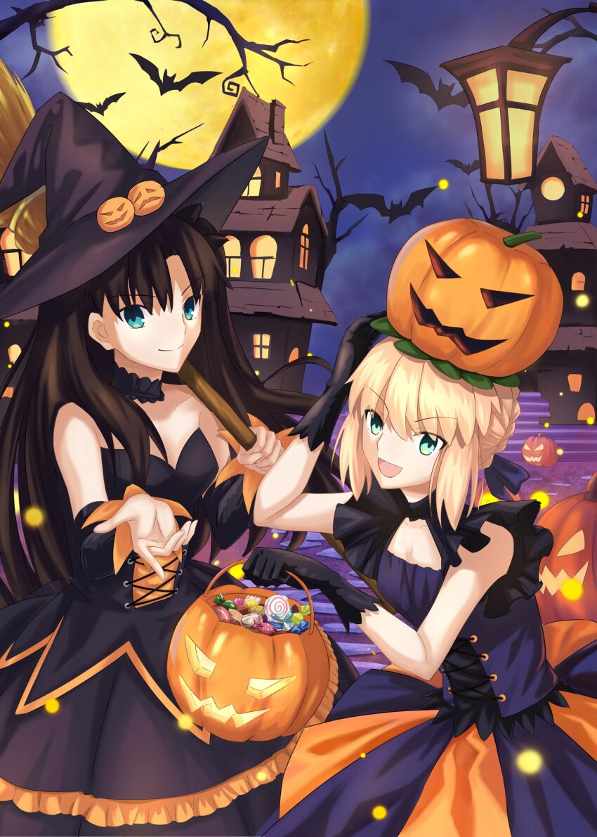 2girls, andychen662000, artoria_pendragon_(fate), bare_shoulders, black_dress, blonde_hair, blush, braid