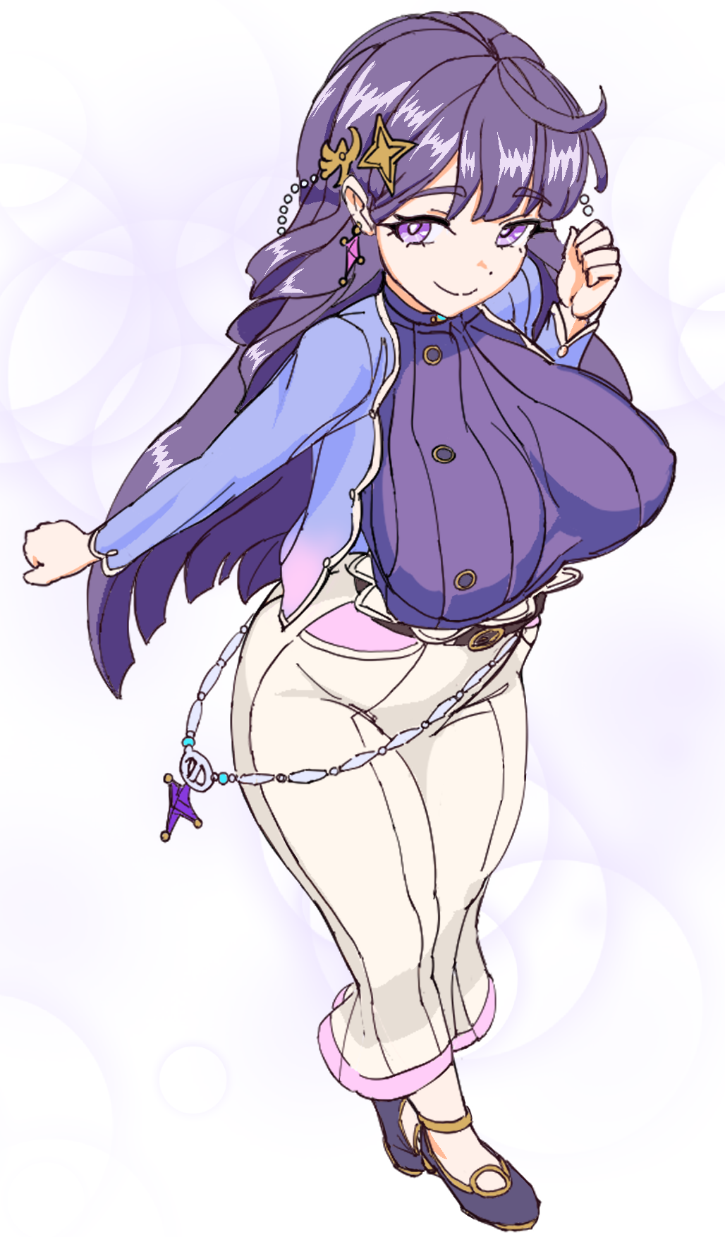 1girl, breasts, cassiopeia_(legend_clover), contemporary, covered_erect_nipples, earrings, full_body, hair_ornament, highres, jewelry, large_breasts, legend_clover, long_hair, looking_at_viewer, purple_eyes, purple_hair, smile, solo, yashi_(user_hdwu4284)